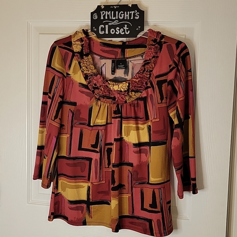 New Directions Blouse Large Petite Red Black Pink Gray Orange